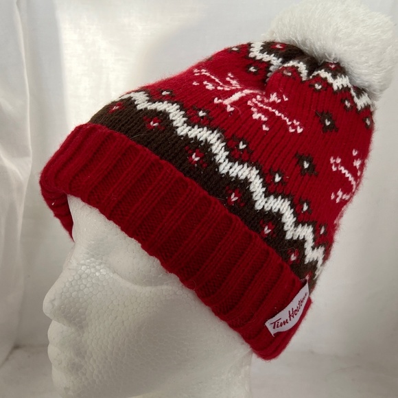 Tim Hortons Toque Pompom Beanie Red Black White Winter Hat One Size Fits All - Picture 2 of 7